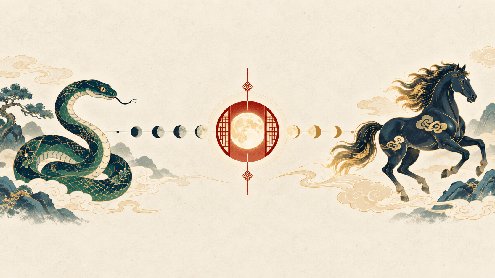 Illustration of the Chinese zodiac boundary: Snake before Lunar New Year and Horse after the new year begins