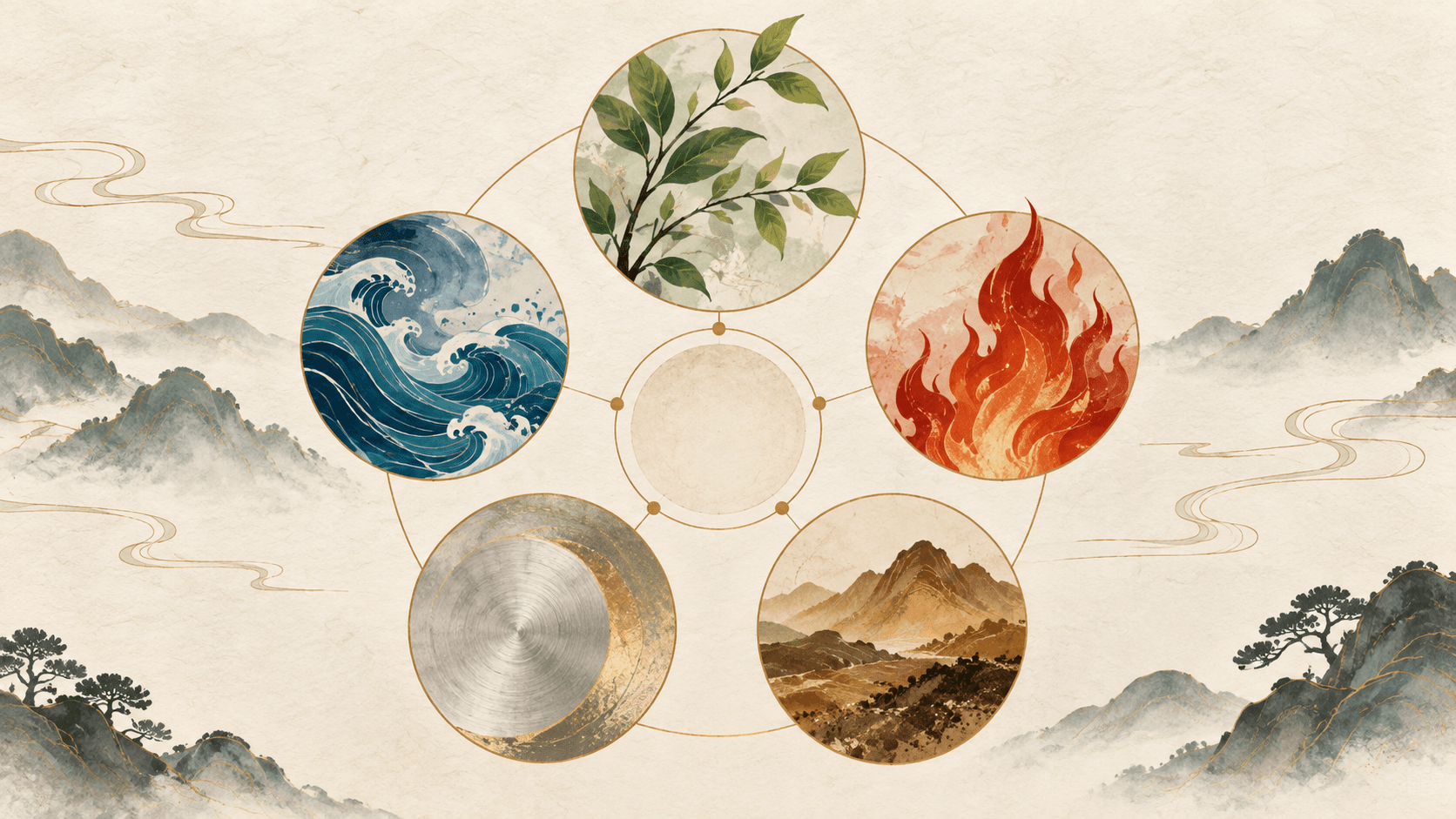 Illustration representing the five Chinese zodiac elements: Wood, Fire, Earth, Metal, and Water